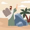 Biblical prophet Moses with ten commandments, flat vector illustration.