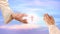 biblical scene, close-up of Jesus Christ Hand against sunset in evening beautiful dramatic sky ask for follow or following offer,