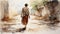 Biblical-themed Watercolor Painting: Woman Walking Down Alley