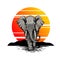 Bic elephant, front view, sunset on the background