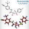 Bicalutamide molecule. It is nonsteroidal anti-androgen for prostate cancer. Structural chemical formula, molecule model