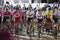 Bicester, UK - October 2021: Competitors line up at the start of the Womens Tour a cycle race in the UK