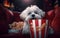 Bichon Frise Puppy Holding Popcorn and Relaxing on a Cinema Couch. Generative AI
