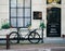 Bicicle near the entrance of bright house with pots with black tulips in Amsterdam, Netherlands