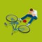 Bicycle accident. Man falls off his bicycle. Flat 3d vector isometric illustration.