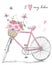 Bicycle with a basket full of flowers on background with butterflies and inscription I love my bike.