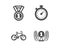 Bicycle, Best rank and Timer icons. Laureate award sign. Bike, Success medal, Stopwatch gadget. Prize. Vector
