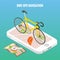 Bicycle city navigation concept poster in vector isometric style. Bike on a screen of mobile phone. Online map on