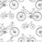 Bicycle contour drawing seamless pattern, monochrome, black and white illustration, sketch, coloring, vector background. Outline d