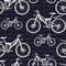 Bicycle contour drawing seamless pattern, sketch, coloring, vector background. Outline white drawn bikes half-face with many multi