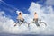 Bicycle couple man and woman meeting on clouds