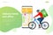 Bicycle courier, Express delivery service. Courier on bicycle with parcel box on the back delivering food In city