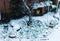 Bicycle covered with snow in a garden