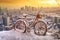 bicycle covered in snow with a snowy cityscape in the background