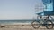 Bicycle cruiser bike by ocean beach California coast USA. Summer sea shore. Cycle by lifeguard tower