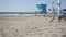 Bicycle cruiser bike by ocean beach California coast USA. Summer sea shore. Cycle by lifeguard tower