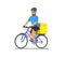 Bicycle delivery logistics courier. Bike messenger bearded male character hipster style. Blue yellow colors. Isolated on