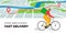 Bicycle delivery ordering service banner design template. Route with geotag location pins on city map and fast carrying