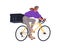 Bicycle delivery service. Woman courier riding bike, delivering food, meal order in thermo box, package. Girl cycling