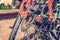 Bicycle disc brakes close up. Red bike parked