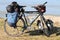 Bicycle equipped for solo adventure with cyclist-