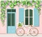 Bicycle with flowers near provence style house. Vintage building facade. Vector set: door, window, bicycle, flowers.