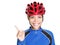 Bicycle helmet woman pointing on white