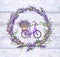 Bicycle with lavender flowers in lavender round border. Floral watercolor