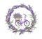 Bicycle, lavender flowers in lavender round border. Floral watercolor