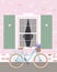 A bicycle leaning against a wall. Sky blue bicycle under the window. Modern romantic illustration of a bicycle with