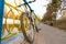 Bicycle leaning on colorful iron railings