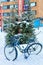 Bicycle near Christmas tree in snowy street of winter Rovaniemi