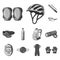 Bicycle outfit monochrome icons in set collection for design. Bicycle and tool vector symbol stock web illustration.