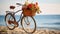 a bicycle parked on the sand with flowers in it's basket