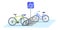 Bicycle parking area. Public bike rack with parking sign and parked bicycles. Ecologic city transport vector