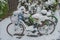 Bicycle parking, after heavy snowfall. Snow-covered rental bikes.