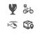 Bicycle parking, Helicopter and Fragile package icons. Parcel tracking sign. Bike park, Copter, Safe shipping. Vector