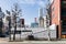 Bicycle parking lot on the upper area with leafless trees and cityscape in the background in Sapporo at Hokkaido, Japan