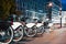 Bicycle parking at night time in downtown. Modern transportation concept.