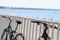 Bicycle parking at seaport closeup. Cycling along sea and safety