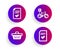 Bicycle parking, Shopping basket and Approved checklist icons set. Checked file sign. Vector