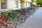 Bicycle parking in Stanford University in California. Due to long distances, students move around university on bicycles