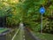 Bicycle path in the autumn Park. White markings on the asphalt for bicyclists