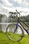 Bicycle picnic at idyllic lake on a sunny day