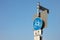 Bicycle placard in Dusseldorf on a sunny day with blue sky