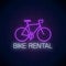 Bicycle rent glowing neon signon dark brick wall background. Bike rental symbol in neon style