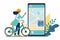 Bicycle rental mobile app. Bike sharing. A girl using a smartphone unlocks an electric bike for a trip. On the phone screen is a