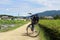 Bicycle, rice grains, and some Japanese houses