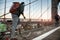 Bicycle road with cyclist on Brooklyn Bridge in New York City