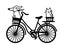 Bicycle silhouette with happy dog and cat in wicker basket. Vector graphic illustration of romantic bike isolated on white